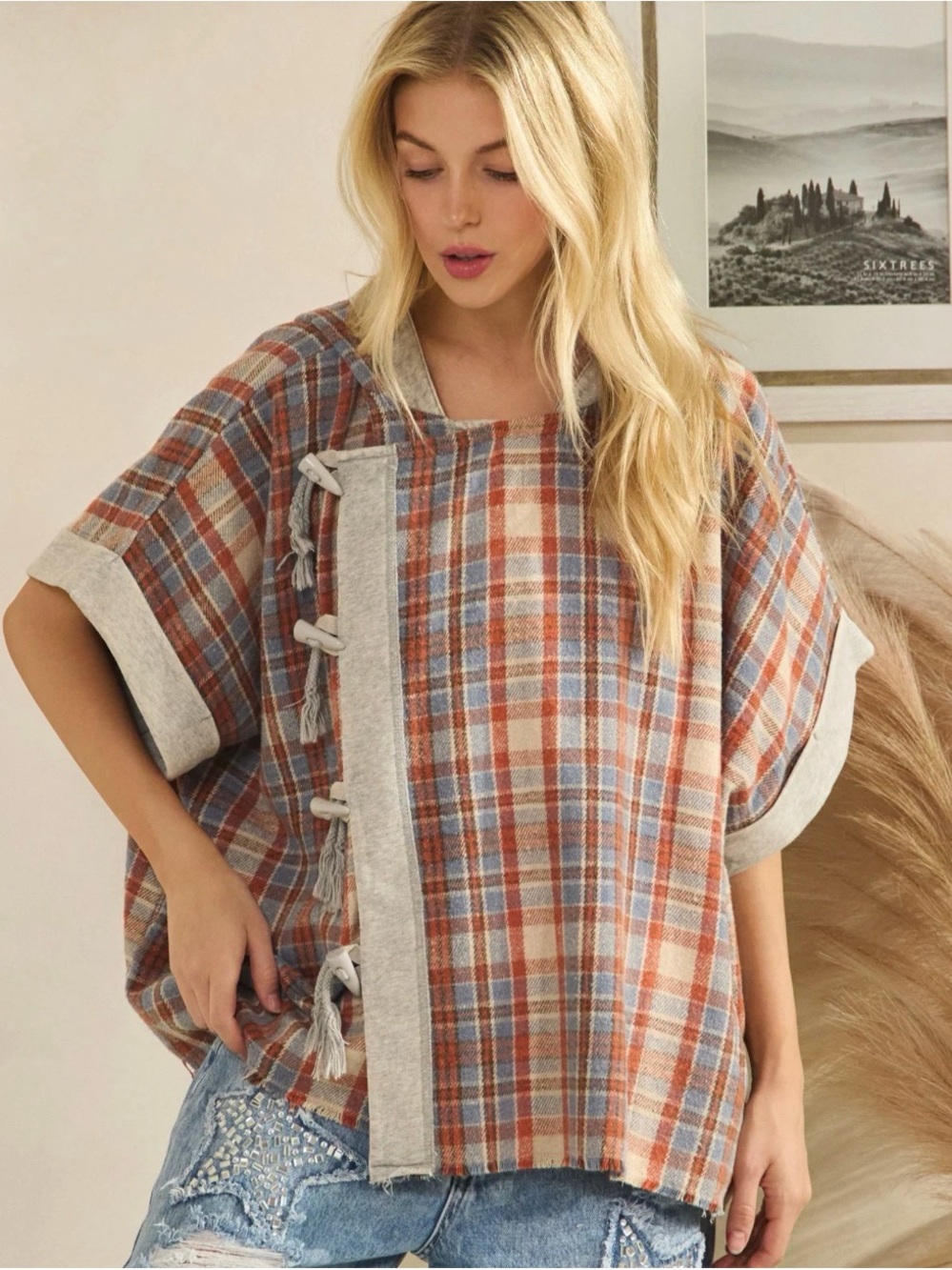 Plaid Tassel-Trim Short Sleeve Top - Rust & Blue